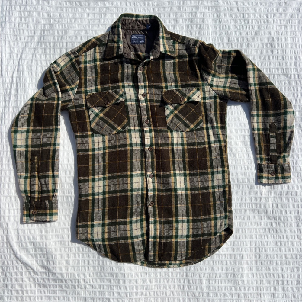 VTG 80s JC Penney The Mens Shop Plaid Shirt in Brown and Green, Medium Tall